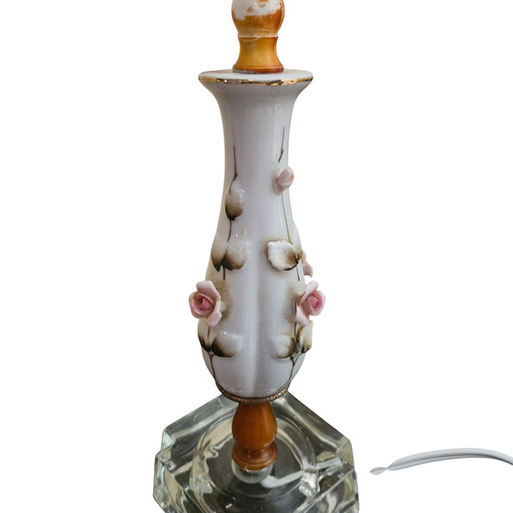 Vintage Porcelain Lamp with Applied Pink Roses & Glass Base 14” Tested Works - Picture 3 of 7